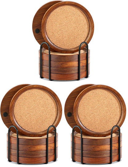 WLWNWFT Wood Cork Coasters for Drinks Absorbent with Holder, WLWNWFT Acacia Wood Coaster Sets Rustic Farmhouse for Coffee Table Dining Table Wooden Table Coasters for Desk, Set of 6 4.33in