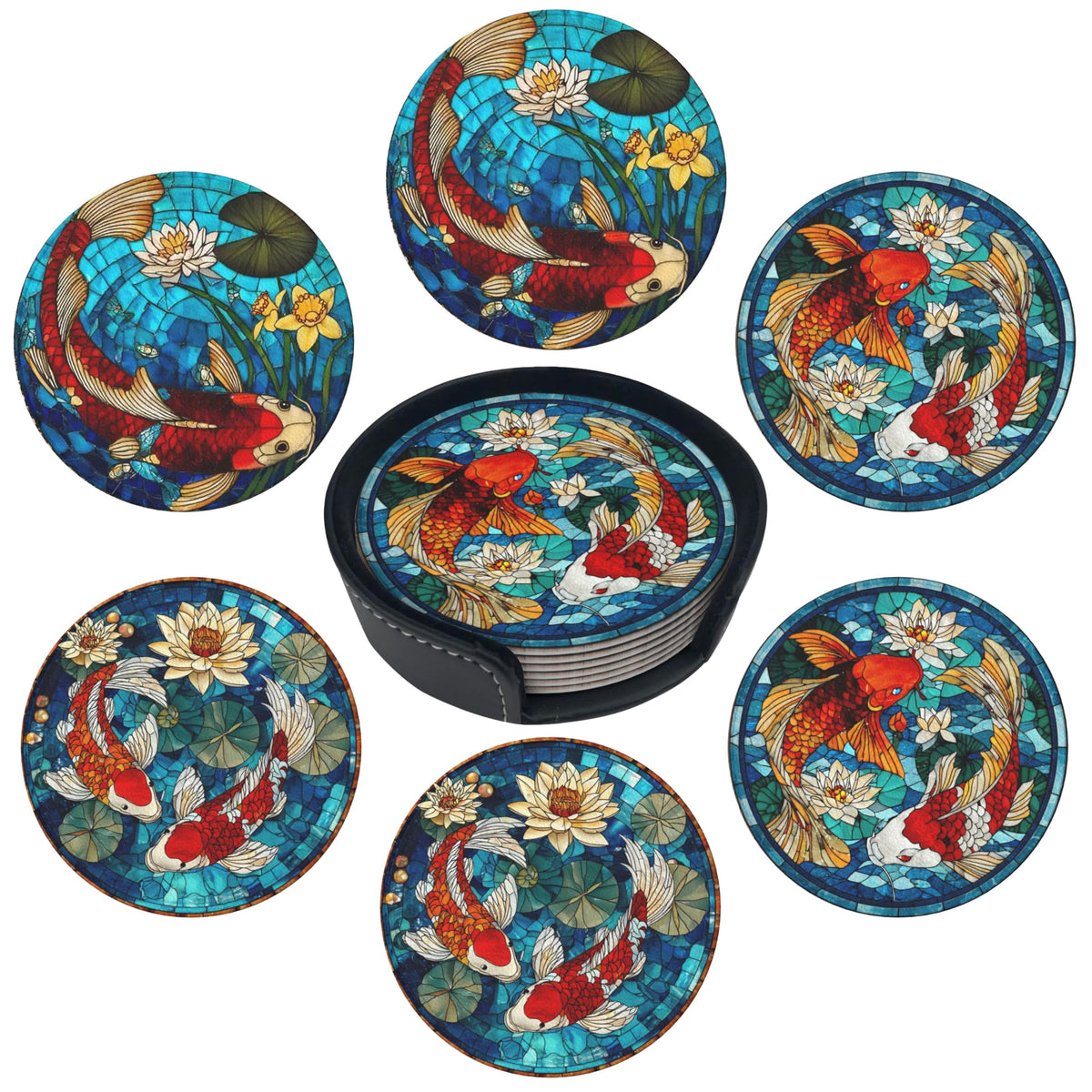 Marble Coasters Leather Round Drink Coasters 6 Pcs Set with Holderor for Cup Drink Coffee Table Bar Home Decor