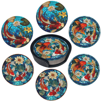 Marble Coasters Leather Round Drink Coasters 6 Pcs Set with Holderor for Cup Drink Coffee Table Bar Home Decor