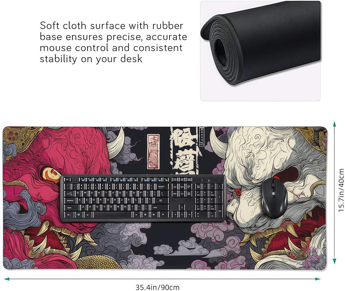 Gaming Mouse Pad, XXL Non-Slip Rubber Base, Waterproof with Stitched Edges, Japanese Demon Mask Design, 35.4 x 15.7 inches