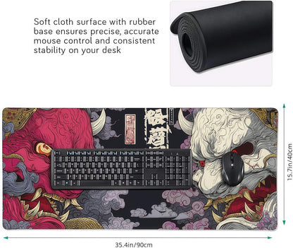Gaming Mouse Pad, XXL Non-Slip Rubber Base, Waterproof with Stitched Edges, Japanese Demon Mask Design, 35.4 x 15.7 inches