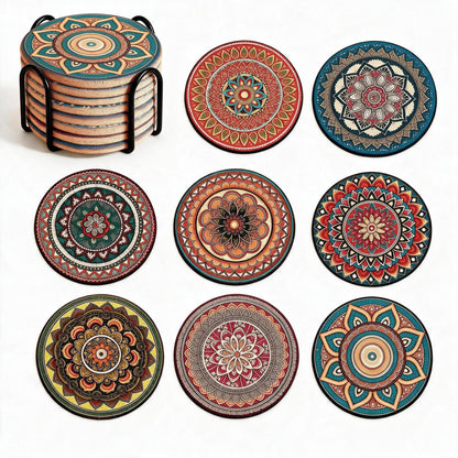 Cork Coasters Set of 8,Colorful Drink Coaster with Holder,4 Inch