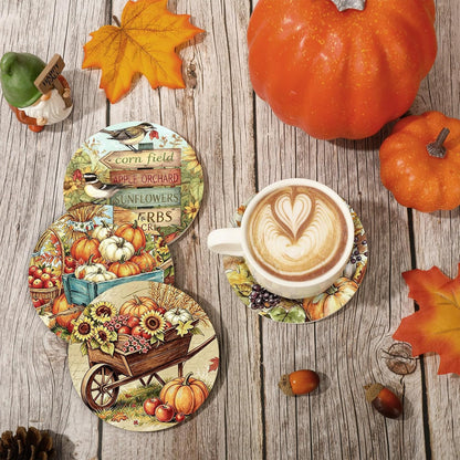 Whaline 6Pcs Fall Ceramic Coasters with Holder Pumpkin Truck Sunflower Bucket Drink Coaster Retro Farmhouse Heat-Resistant Cup Mats for Autumn Thanksgiving Home Party Tabletop Decor