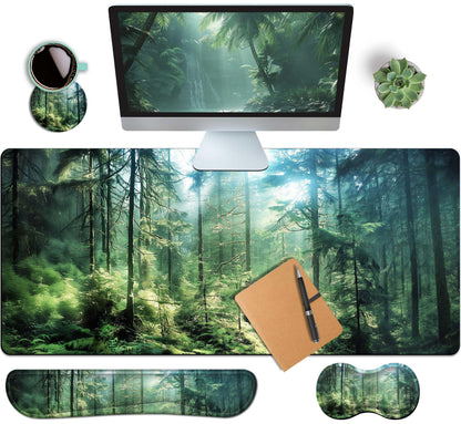 4-Piece Extended Large Mouse Pad Set for Women Men with Castle Night Design Includes 35.4 x 15.7 XXL Large Mouse Pad Keyboard Wrist Rest Mouse Wrist Support and Coaster for Office Home