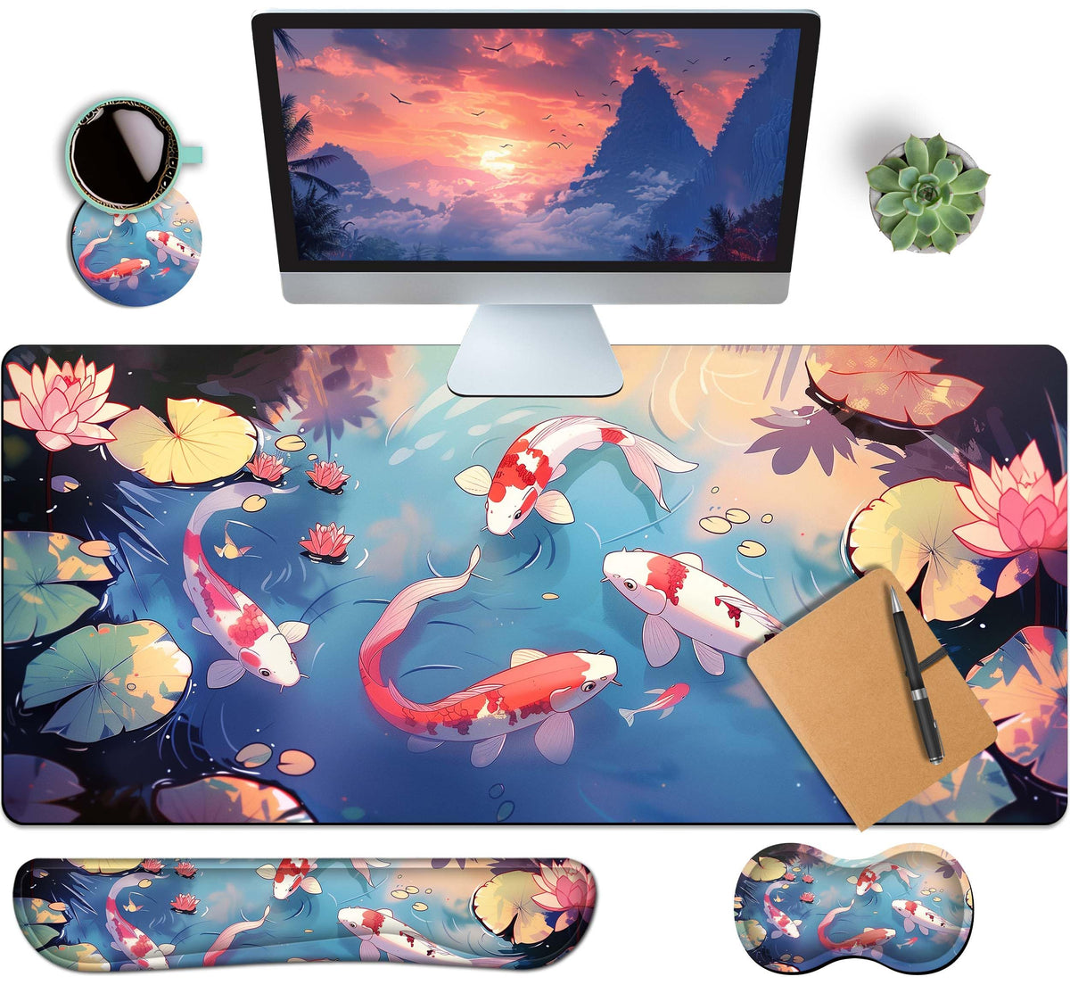 4-Piece Extended Large Mouse Pad Set for Women Men with Castle Night Design Includes 35.4 x 15.7 XXL Large Mouse Pad Keyboard Wrist Rest Mouse Wrist Support and Coaster for Office Home