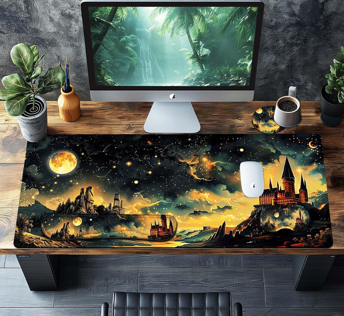 4-Piece Extended Large Mouse Pad Set for Women Men with Castle Night Design Includes 35.4 x 15.7 XXL Large Mouse Pad Keyboard Wrist Rest Mouse Wrist Support and Coaster for Office Home