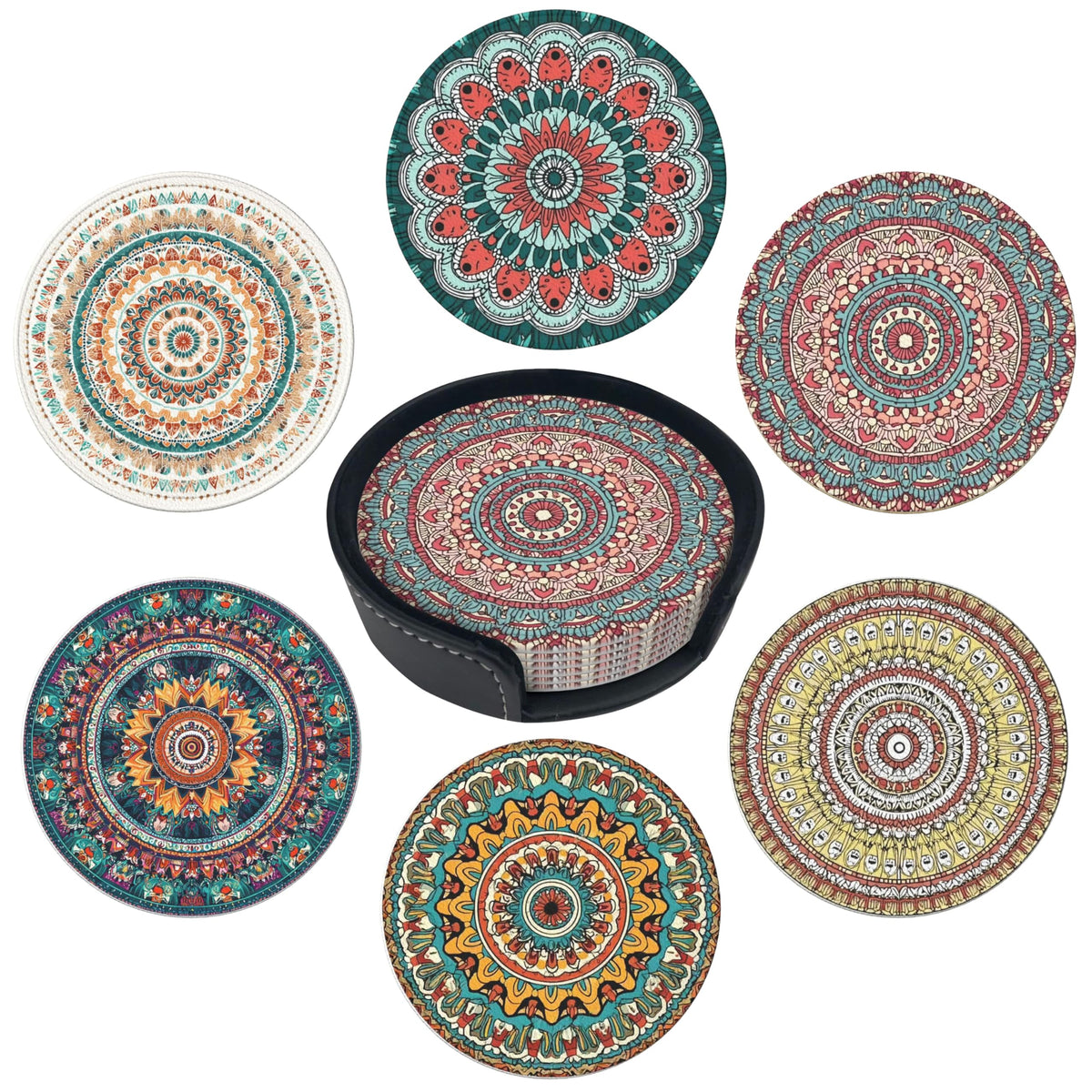 Marble Coasters Leather Round Drink Coasters 6 Pcs Set with Holderor for Cup Drink Coffee Table Bar Home Decor