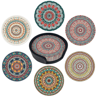 Marble Coasters Leather Round Drink Coasters 6 Pcs Set with Holderor for Cup Drink Coffee Table Bar Home Decor
