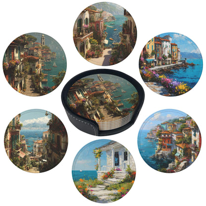 Marble Coasters Leather Round Drink Coasters 6 Pcs Set with Holderor for Cup Drink Coffee Table Bar Home Decor