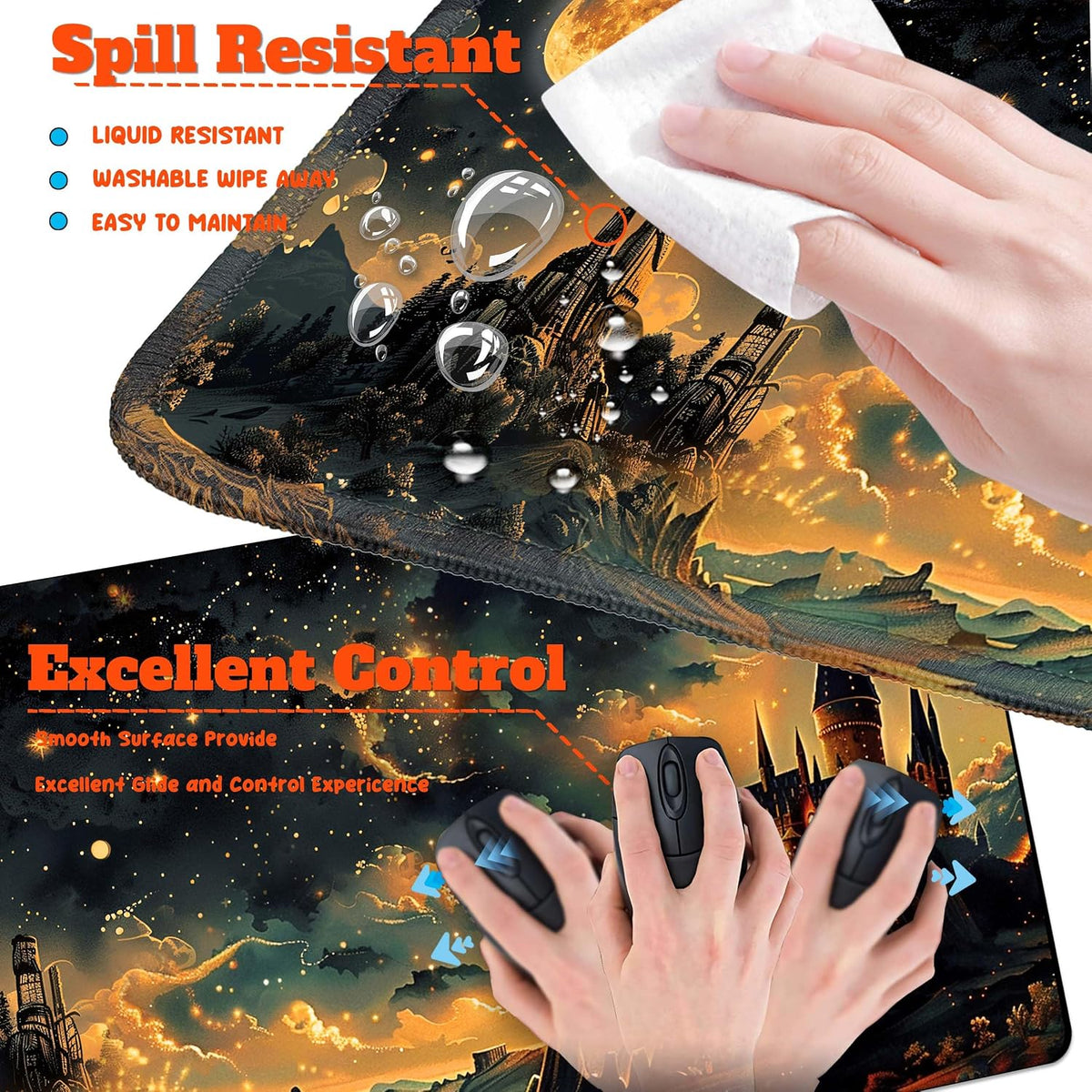 4-Piece Extended Large Mouse Pad Set for Women Men with Castle Night Design Includes 35.4 x 15.7 XXL Large Mouse Pad Keyboard Wrist Rest Mouse Wrist Support and Coaster for Office Home