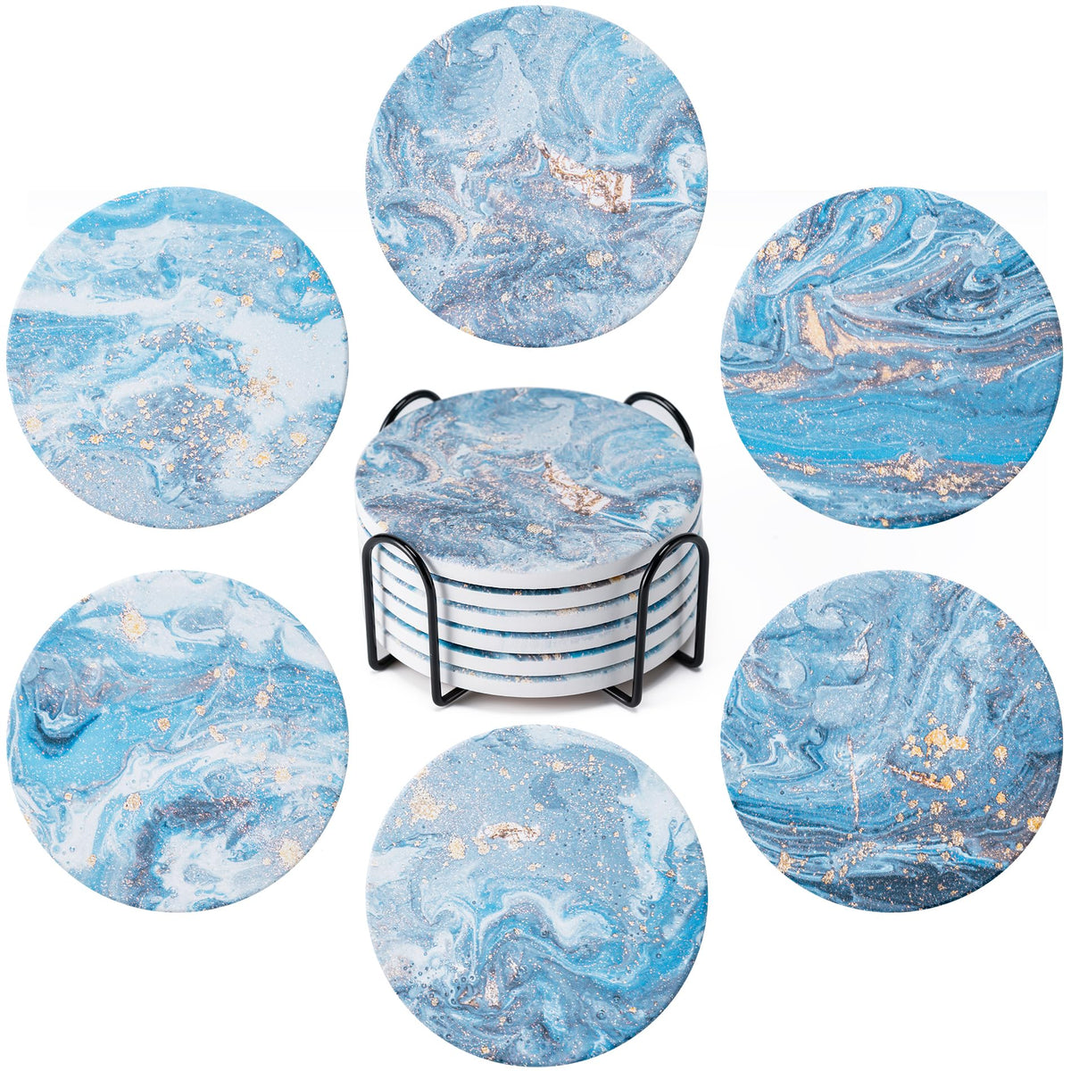 6Pcs Absorbent Coasters Set with Holder,Ceramic Drink Coaster,4 in（A6）