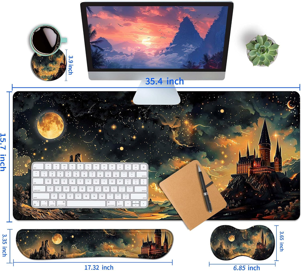 4-Piece Extended Large Mouse Pad Set for Women Men with Castle Night Design Includes 35.4 x 15.7 XXL Large Mouse Pad Keyboard Wrist Rest Mouse Wrist Support and Coaster for Office Home