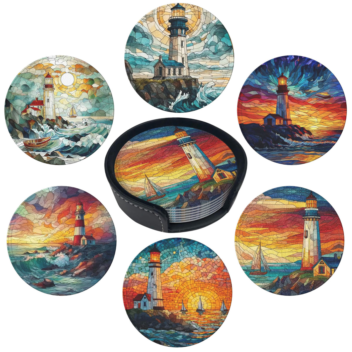 Marble Coasters Leather Round Drink Coasters 6 Pcs Set with Holderor for Cup Drink Coffee Table Bar Home Decor