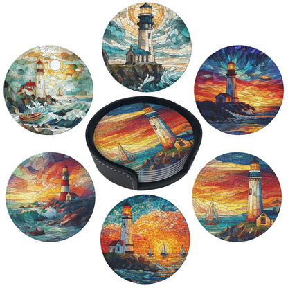 Marble Coasters Leather Round Drink Coasters 6 Pcs Set with Holderor for Cup Drink Coffee Table Bar Home Decor