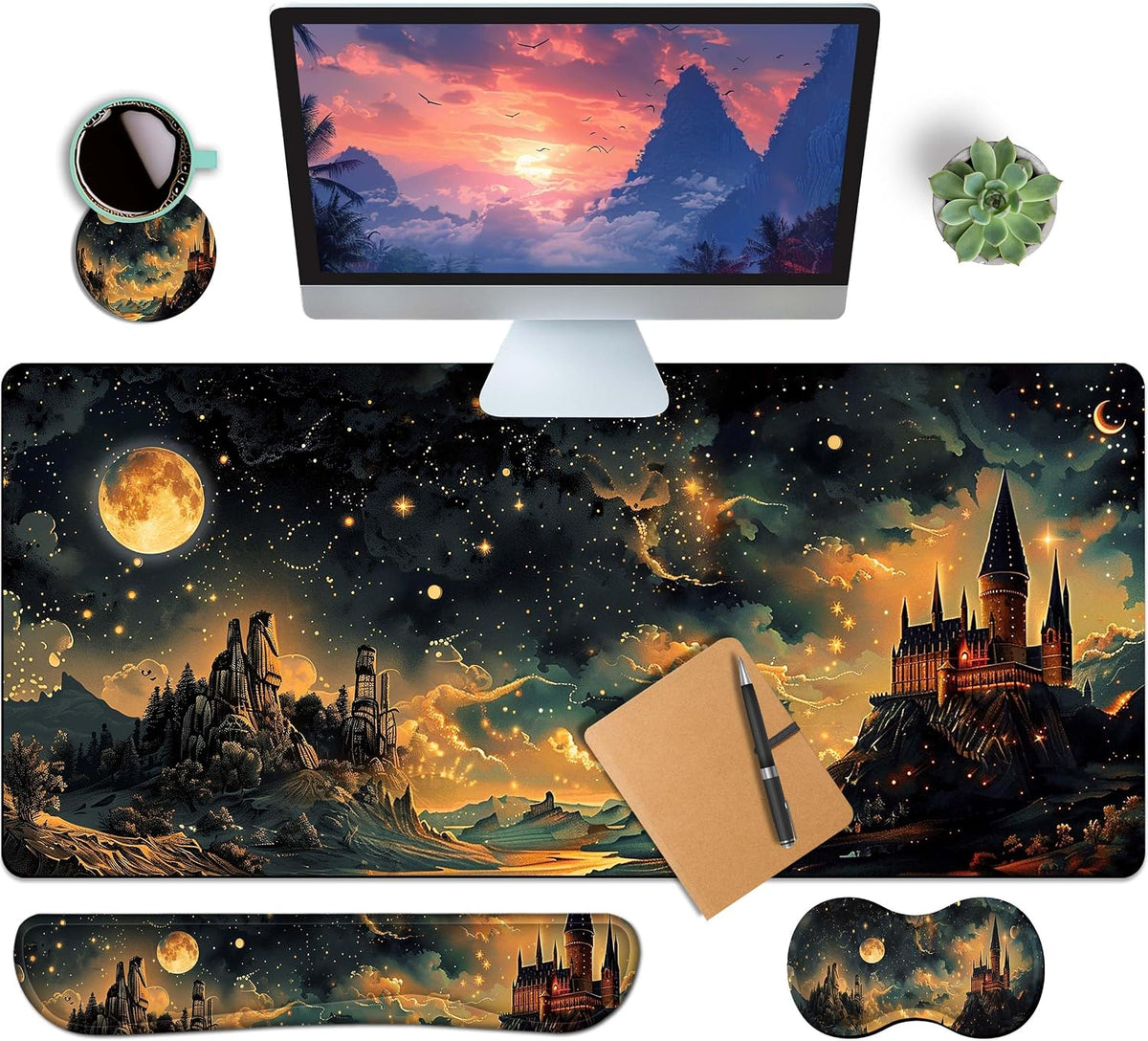 4-Piece Extended Large Mouse Pad Set for Women Men with Castle Night Design Includes 35.4 x 15.7 XXL Large Mouse Pad Keyboard Wrist Rest Mouse Wrist Support and Coaster for Office Home