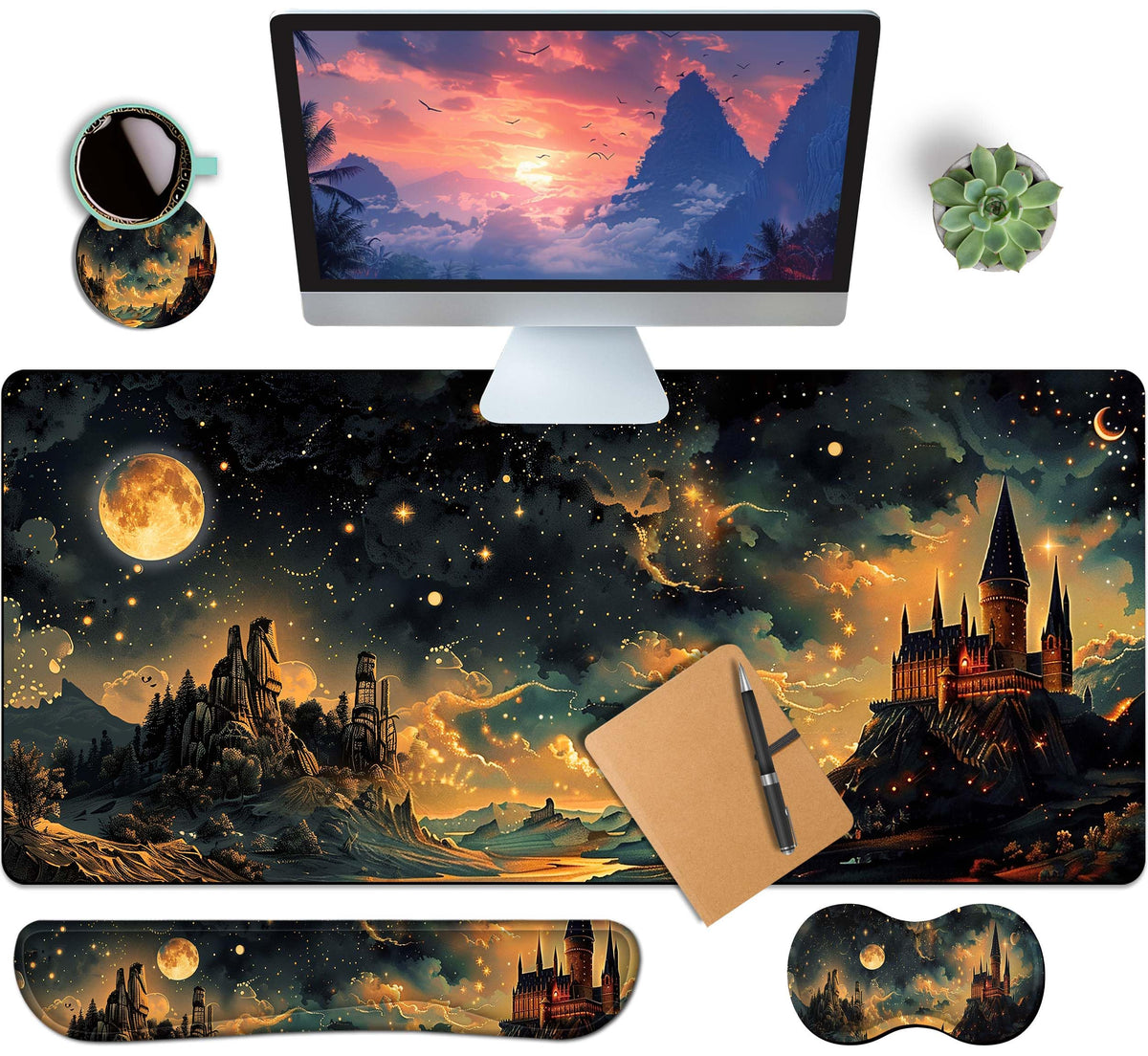 4-Piece Extended Large Mouse Pad Set for Women Men with Castle Night Design Includes 35.4 x 15.7 XXL Large Mouse Pad Keyboard Wrist Rest Mouse Wrist Support and Coaster for Office Home