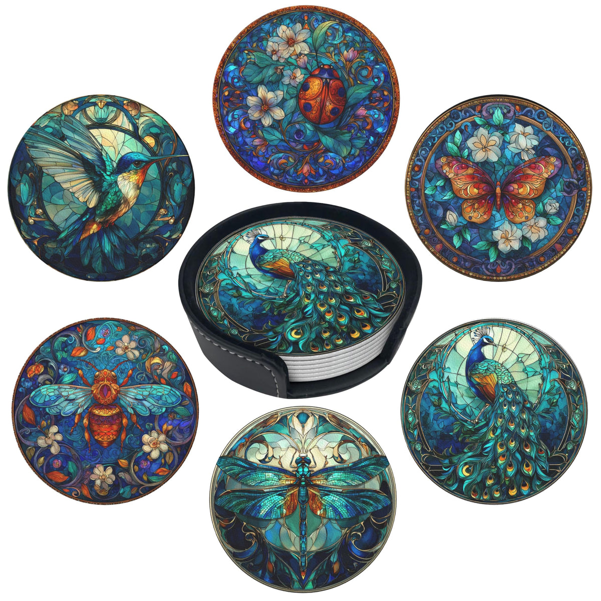 Marble Coasters Leather Round Drink Coasters 6 Pcs Set with Holderor for Cup Drink Coffee Table Bar Home Decor