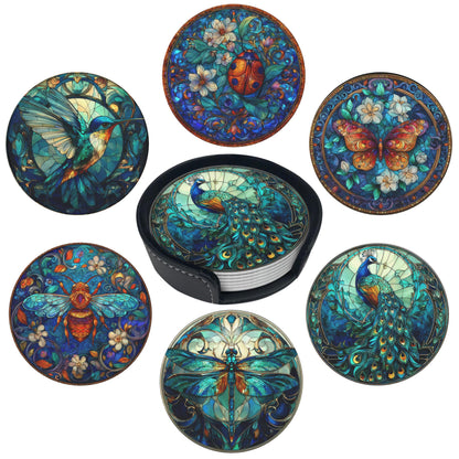 Marble Coasters Leather Round Drink Coasters 6 Pcs Set with Holderor for Cup Drink Coffee Table Bar Home Decor