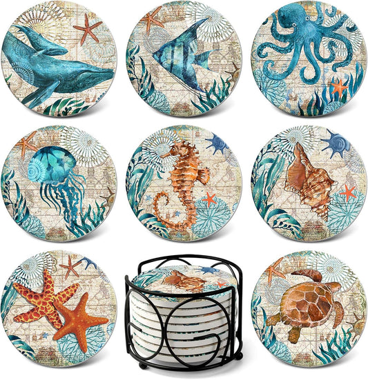 Teivio Absorbing Stone Sea Ocean Life Coasters for Drinks, Cork Base with Holder,Coastal Decor Beach Theme Tropical,for Housewarming Apartment Kitchen Bar Decor, For Wooden Table Coffee table,Set of 8