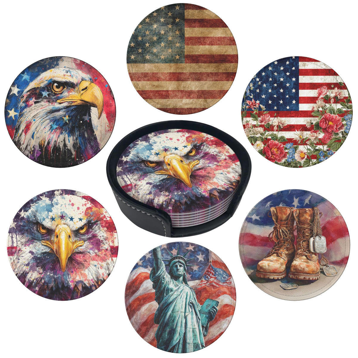 Marble Coasters Leather Round Drink Coasters 6 Pcs Set with Holderor for Cup Drink Coffee Table Bar Home Decor