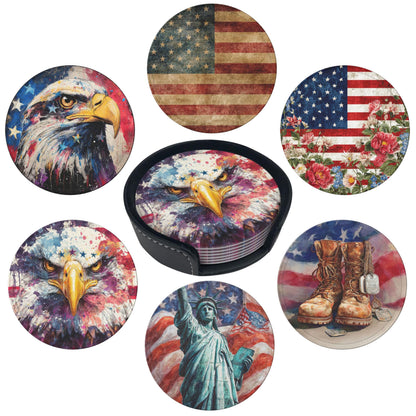Marble Coasters Leather Round Drink Coasters 6 Pcs Set with Holderor for Cup Drink Coffee Table Bar Home Decor