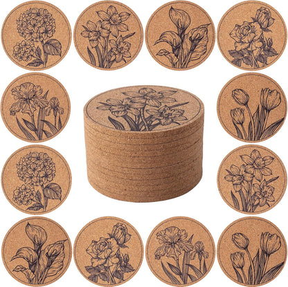 Cork Coasters for Drinks Absorbent Non Slip 12pcs 4 Inch Flower