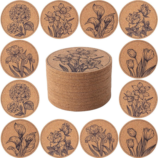 Cork Coasters for Drinks Absorbent Non Slip 12pcs 4 Inch Flower