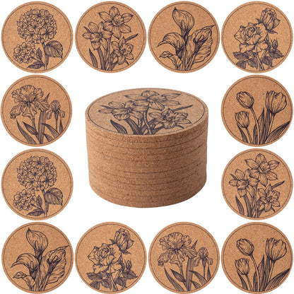 Cork Coasters for Drinks Absorbent Non Slip 12pcs 4 Inch Flower