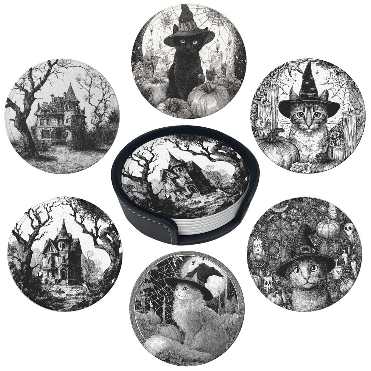 Marble Coasters Leather Round Drink Coasters 6 Pcs Set with Holderor for Cup Drink Coffee Table Bar Home Decor