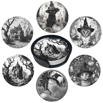 Marble Coasters Leather Round Drink Coasters 6 Pcs Set with Holderor for Cup Drink Coffee Table Bar Home Decor