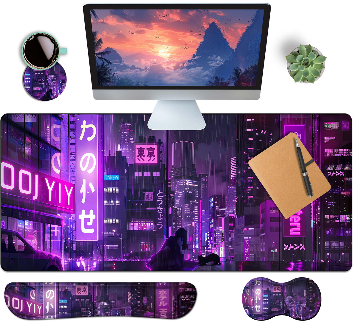 4-Piece Extended Large Mouse Pad Set for Women Men with Castle Night Design Includes 35.4 x 15.7 XXL Large Mouse Pad Keyboard Wrist Rest Mouse Wrist Support and Coaster for Office Home