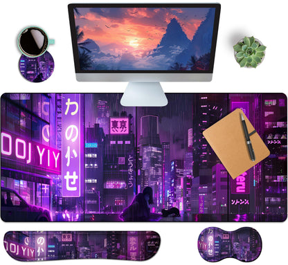 4-Piece Extended Large Mouse Pad Set for Women Men with Castle Night Design Includes 35.4 x 15.7 XXL Large Mouse Pad Keyboard Wrist Rest Mouse Wrist Support and Coaster for Office Home