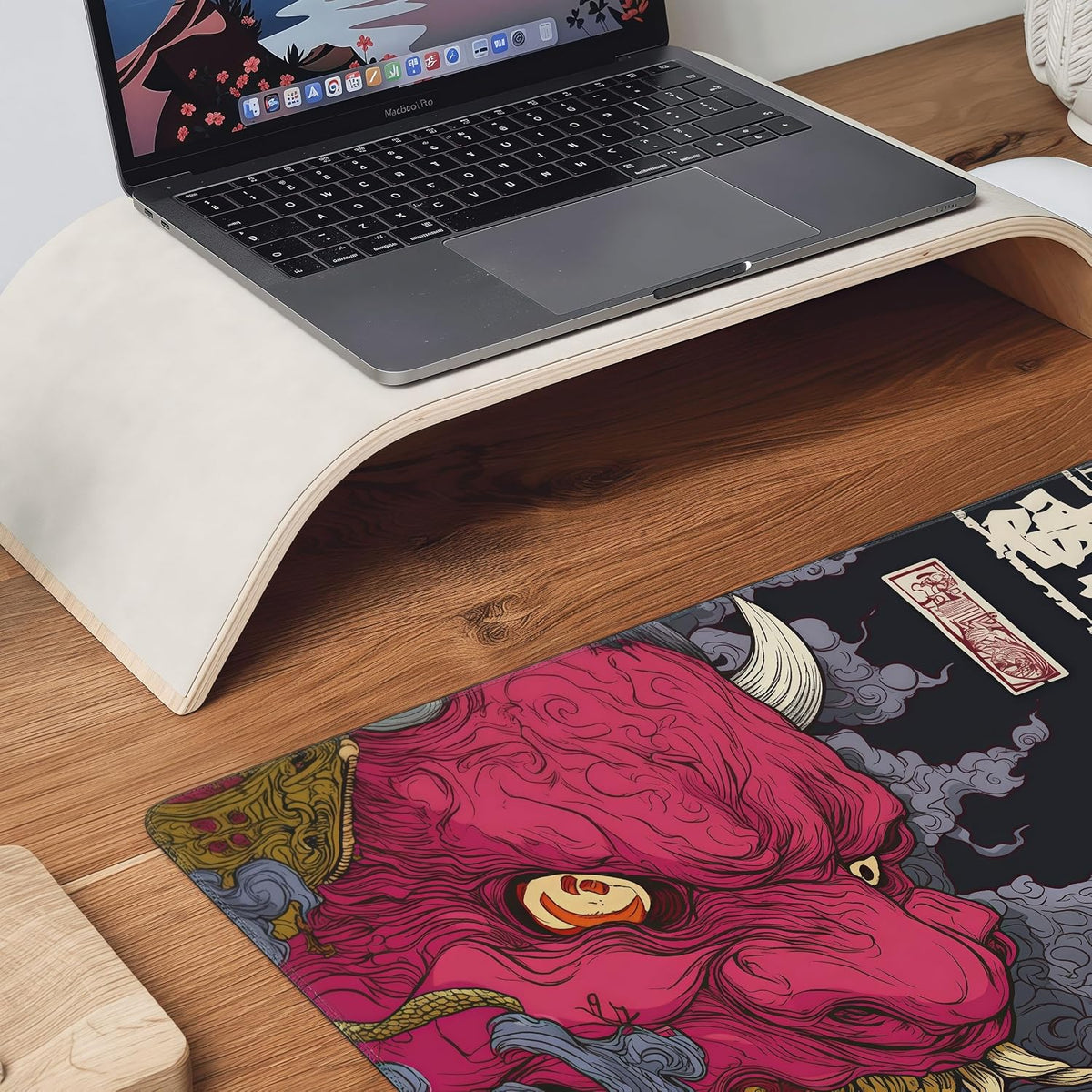 Gaming Mouse Pad, XXL Non-Slip Rubber Base, Waterproof with Stitched Edges, Japanese Demon Mask Design, 35.4 x 15.7 inches
