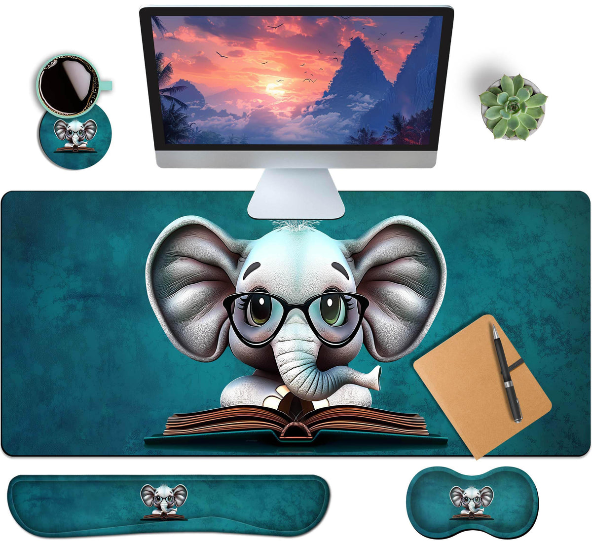 4-Piece Extended Large Mouse Pad Set for Women Men with Castle Night Design Includes 35.4 x 15.7 XXL Large Mouse Pad Keyboard Wrist Rest Mouse Wrist Support and Coaster for Office Home