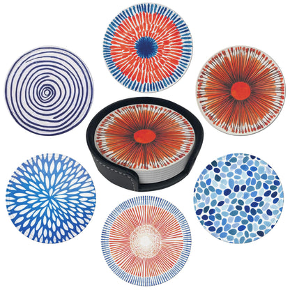 Marble Coasters Leather Round Drink Coasters 6 Pcs Set with Holderor for Cup Drink Coffee Table Bar Home Decor