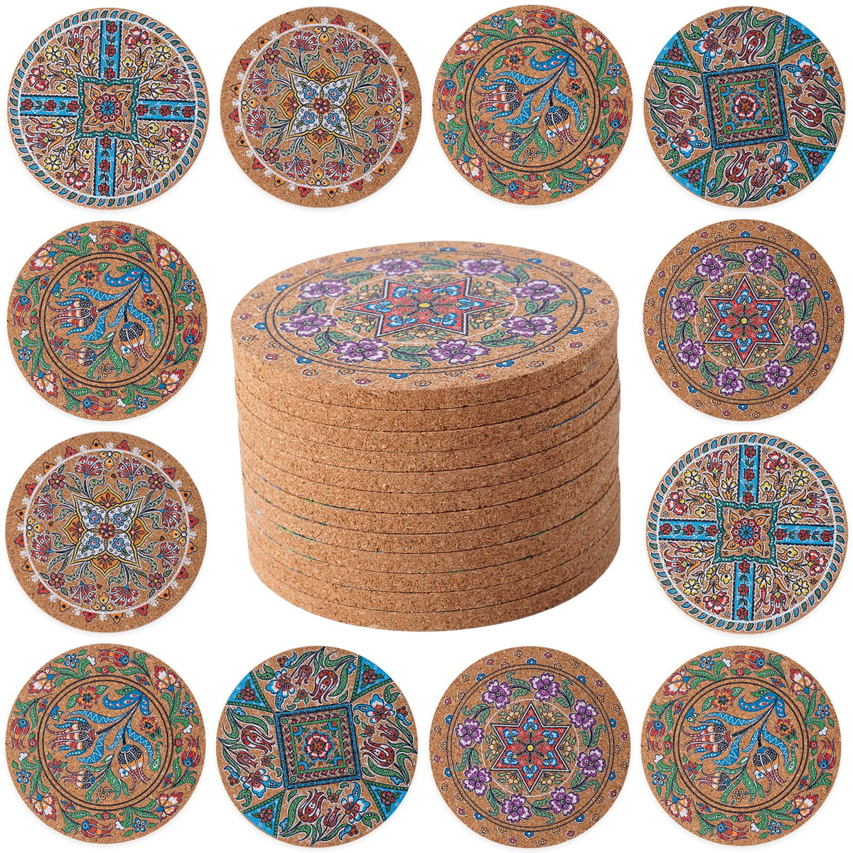 Cork Coasters for Drinks Absorbent Non Slip 12pcs 4 Inch Flower