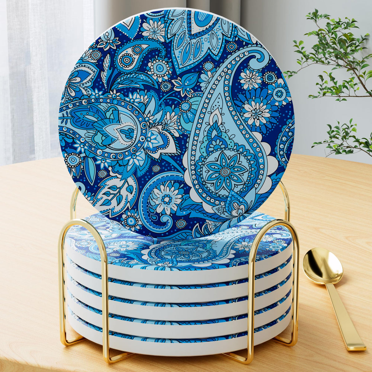 6Pcs/Set Marble Abstract Ceramic Coasters with Holder, Absorbent Drink Coasters, Coffee Cup Coaster,Round Ceramic Table Coasters Set Decorative