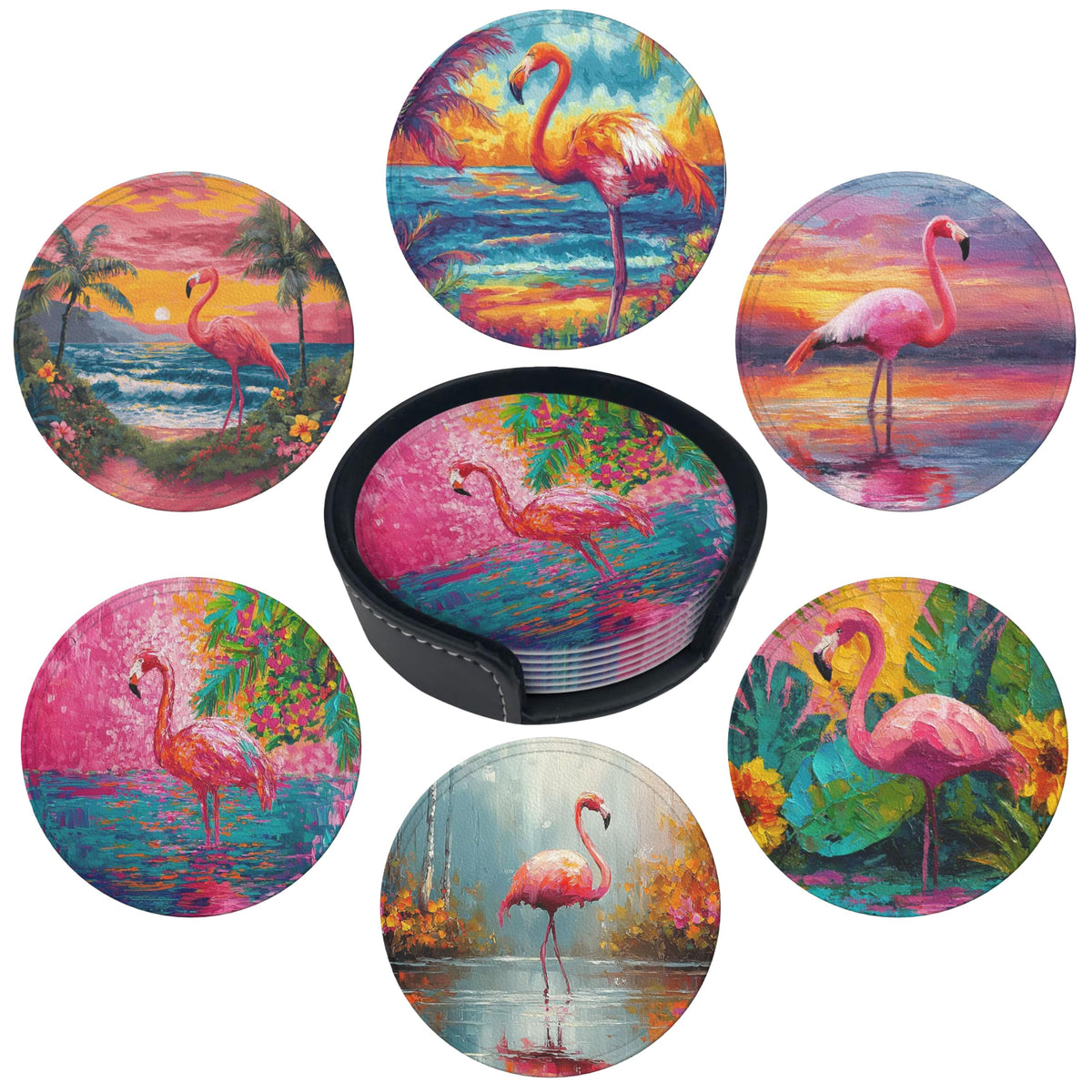 Marble Coasters Leather Round Drink Coasters 6 Pcs Set with Holderor for Cup Drink Coffee Table Bar Home Decor