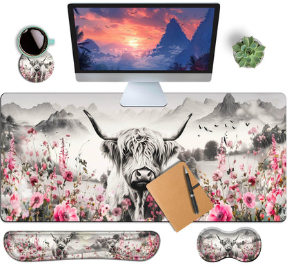 4-Piece Extended Large Mouse Pad Set for Women Men with Castle Night Design Includes 35.4 x 15.7 XXL Large Mouse Pad Keyboard Wrist Rest Mouse Wrist Support and Coaster for Office Home