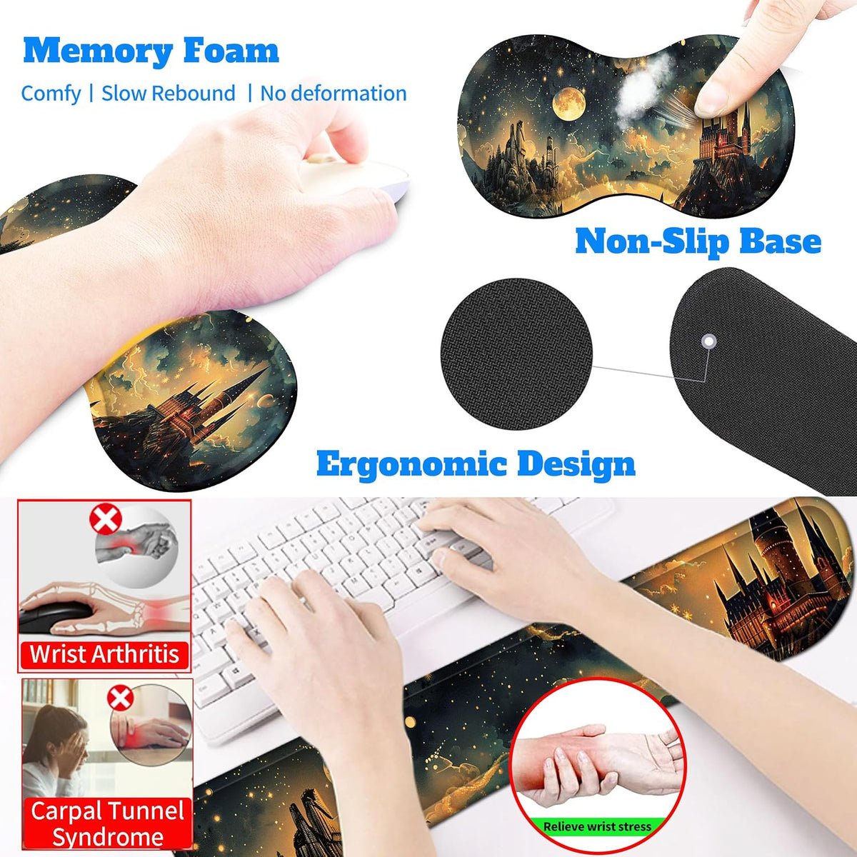 4-Piece Extended Large Mouse Pad Set for Women Men with Castle Night Design Includes 35.4 x 15.7 XXL Large Mouse Pad Keyboard Wrist Rest Mouse Wrist Support and Coaster for Office Home
