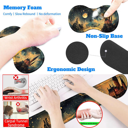 4-Piece Extended Large Mouse Pad Set for Women Men with Castle Night Design Includes 35.4 x 15.7 XXL Large Mouse Pad Keyboard Wrist Rest Mouse Wrist Support and Coaster for Office Home