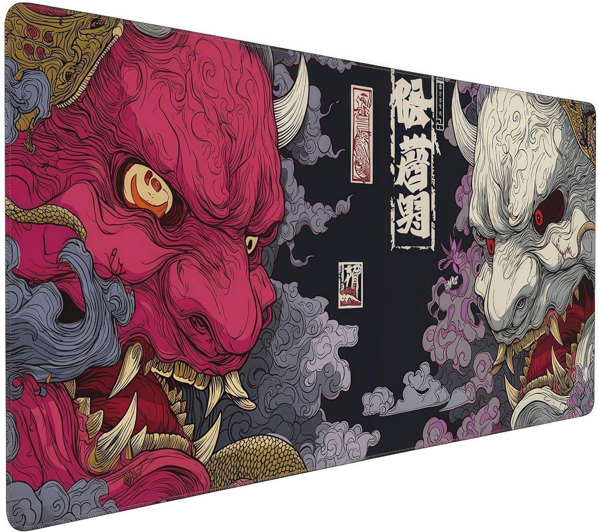 Gaming Mouse Pad, XXL Non-Slip Rubber Base, Waterproof with Stitched Edges, Japanese Demon Mask Design, 35.4 x 15.7 inches