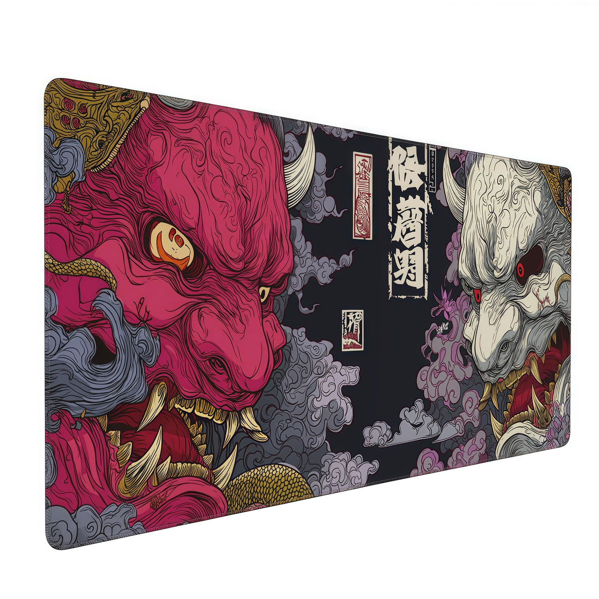 Gaming Mouse Pad, XXL Non-Slip Rubber Base, Waterproof with Stitched Edges, Japanese Demon Mask Design, 35.4 x 15.7 inches