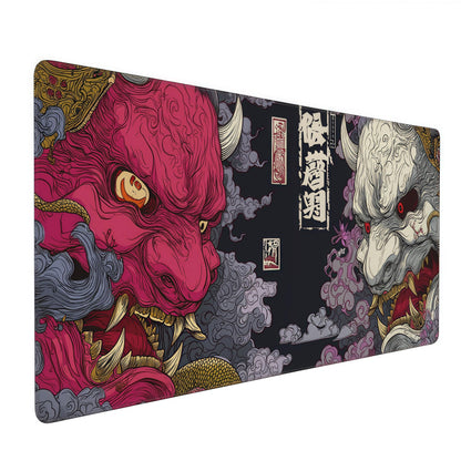 Gaming Mouse Pad, XXL Non-Slip Rubber Base, Waterproof with Stitched Edges, Japanese Demon Mask Design, 35.4 x 15.7 inches