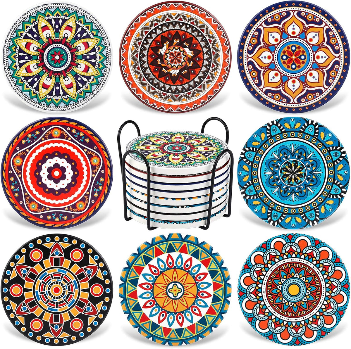 Coasters for Drinks,AODINI Set of 8 Absorbent Stone Coasters for Wooden Table, Mandala Ceramic with Cork Base, Gift for Housewarming Birthday and Family - Great Home and Dining Room Decor