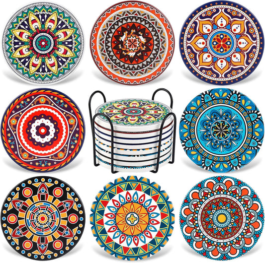 Coasters for Drinks,AODINI Set of 8 Absorbent Stone Coasters for Wooden Table, Mandala Ceramic with Cork Base, Gift for Housewarming Birthday and Family - Great Home and Dining Room Decor
