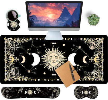4-Piece Extended Large Mouse Pad Set for Women Men with Castle Night Design Includes 35.4 x 15.7 XXL Large Mouse Pad Keyboard Wrist Rest Mouse Wrist Support and Coaster for Office Home