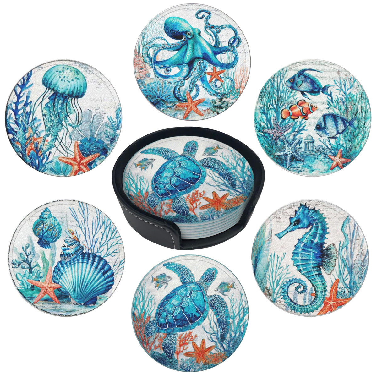 Marble Coasters Leather Round Drink Coasters 6 Pcs Set with Holderor for Cup Drink Coffee Table Bar Home Decor