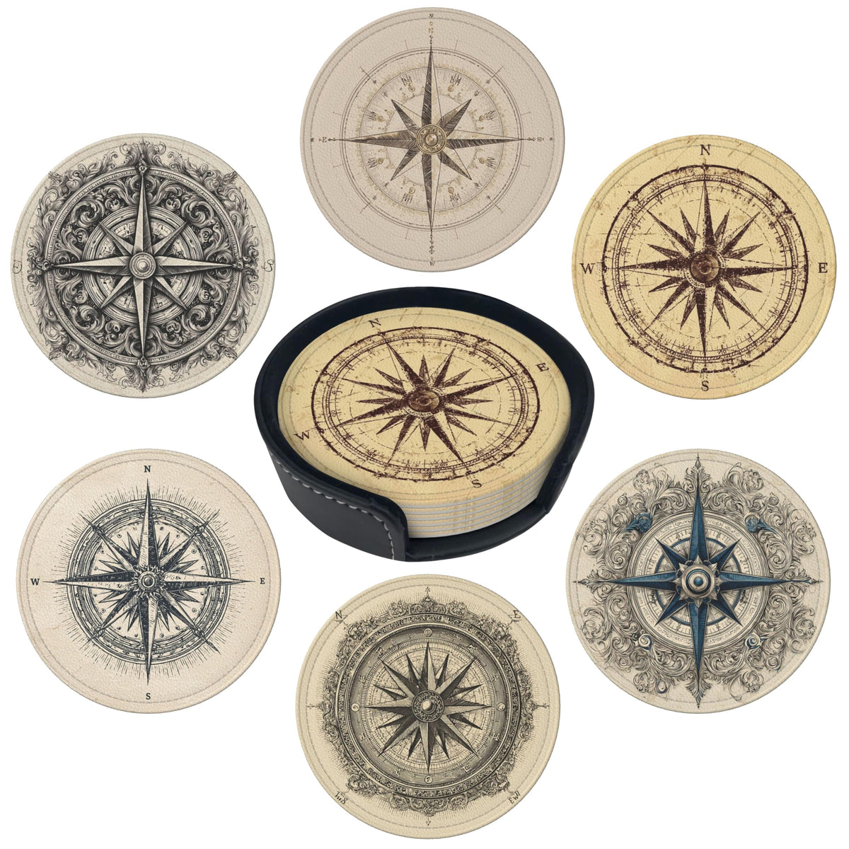 Marble Coasters Leather Round Drink Coasters 6 Pcs Set with Holderor for Cup Drink Coffee Table Bar Home Decor