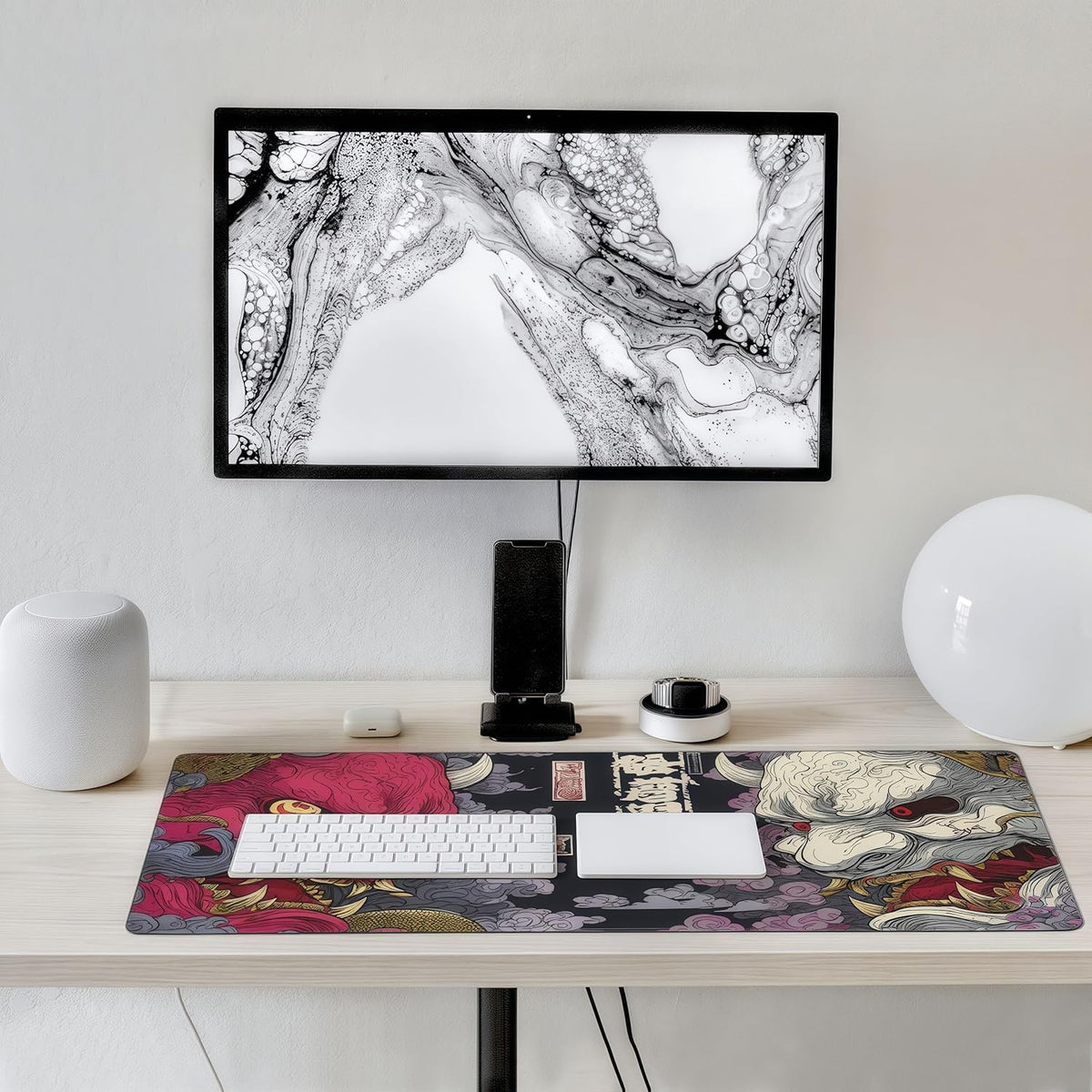 Gaming Mouse Pad, XXL Non-Slip Rubber Base, Waterproof with Stitched Edges, Japanese Demon Mask Design, 35.4 x 15.7 inches